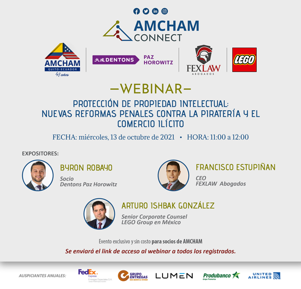 Les invitamos a participar del evento organizado por <a href="/amchamec/">AMCHAM Quito Ecuador</a> en el que nuestro Socio <a href="/ByronRobayoIP/">Byron Robayo</a> tratará temas sobre ¨Protección de Propiedad Intelectual: Nuevas Reformas Penales contra la Piratería y el Comercio Ilícito¨
#PropiedadIntelectual #lawyers #webinar #AMCHAM