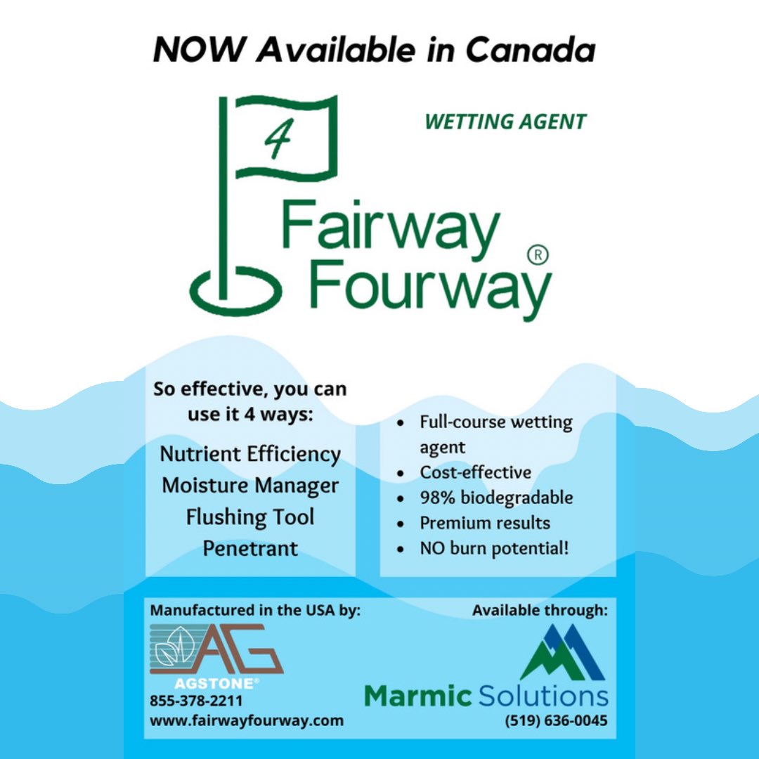AgStone’s Fairway Fourway is now available in Canada! 

Available through Marmic Solutions, you can now purchase our wetting agent to use on your greens, tees, and fairways.

Contact us today to get more information on ordering.