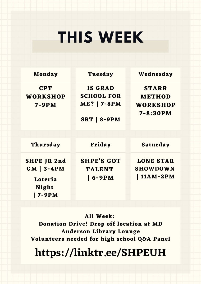 SHPE_UH's tweet photo. Hola familia! 

Check out this weeks upcoming events!!

All RSVPs can be found in our linktree

#SHPEUH #UHengineering #SHPEregion5 https://t.co/duXvYiL3iz