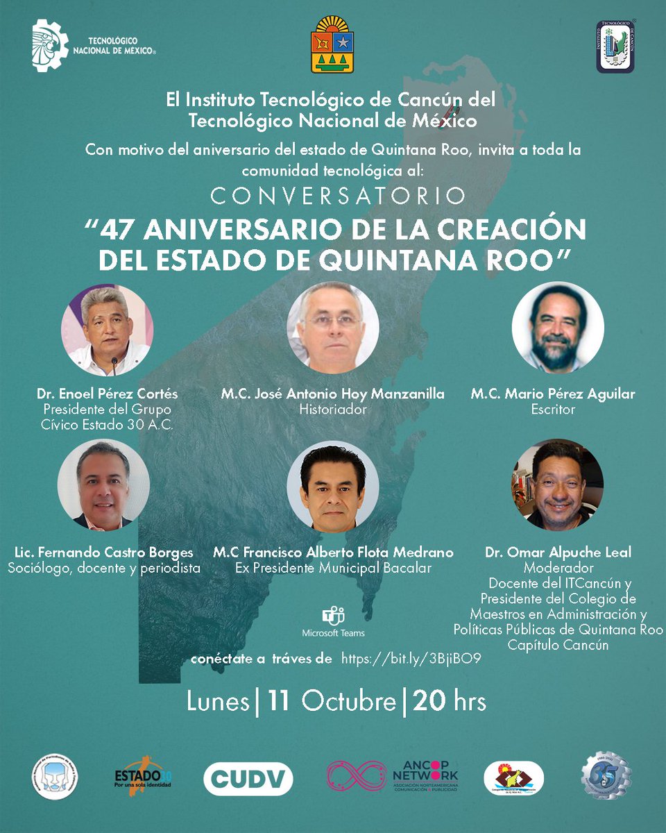 #QuintanaRoo47 La <a href="/ComunidadTecNM/">ComunidadTecNM</a> <a href="/TecNM_MX/">TecNM</a> <a href="/TecNM_Cancun/">@TecNM_Cancun</a> <a href="/COMAPPCancun/">COMAPP</a> invitan al Conversatorio #47AniversarioDelEstadoDeQuintanaRoo el día de hoy a las 20:00 hrs <a href="/novedadesqroo/">Novedades de Quintana Roo</a> <a href="/DQROO/">Diario de Q. Roo</a> <a href="/PeriodicoQuequi/">Periodico Quequi</a> <a href="/PorEstoOnline/">Por Esto! Online</a> <a href="/sqcsradioytv/">SQCS Radio y Televisión</a> @RFQR <a href="/infoturquesa/">Turquesa News</a> <a href="/DiarioYucatan/">Diario de Yucatán</a> <a href="/chanboox/">Enrique Vidales</a>
