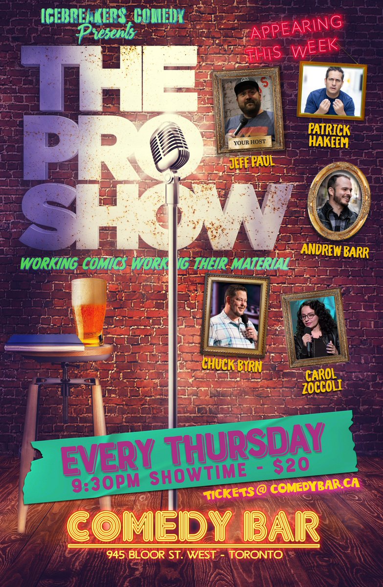 THE PRO SHOW happens Thursday night at <a href="/comedybar/">COMEDY BAR</a> and this week is a banger! 

Seating is limited so act fast!
comedybar.ca/shows/the-pro-…

** ALL booking inquiries must be sent to info@icebreakerscomedy.com **

#proshow