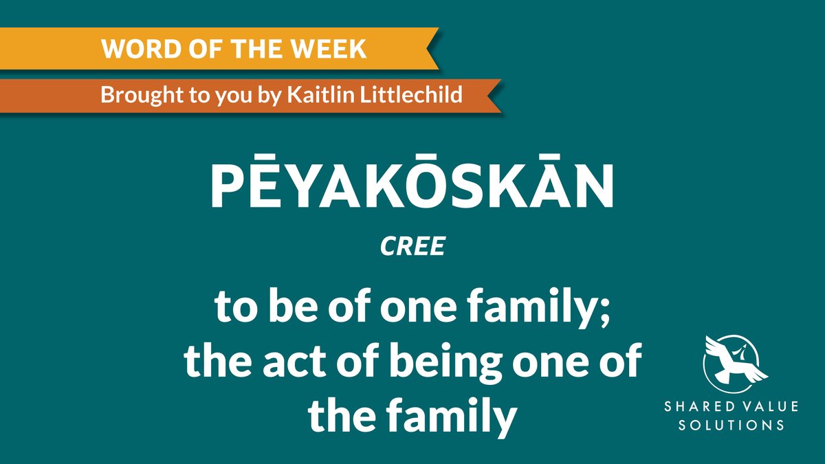 SharedValueCA's tweet photo. This week's word is from our own (and previous #wcw) Kaitlin Littlechild. 'Pēyakōskān' means to be of one family or the act of being one of the family. We're spending today with our families!
#wordoftheweek #languagemondays #learncree #cree #IndigenousWOTD #WOTD #Indigenous https://t.co/GoQVMn88AT