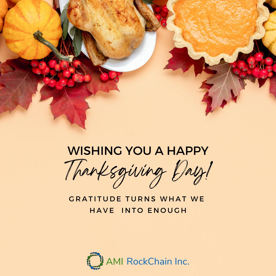 AMIRockChain's tweet photo. Wishing all of our Canadian partners, stakeholders, customers and staff a happy and relaxing Thanksgiving! Everyone at AMI RockChain is so very thankful for all of you! Have a wonderful day and stay safe.
#thanksgiving #bethankful #gratitude #rockchain https://t.co/QIguLMkeRH