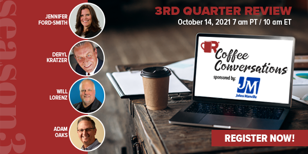 HJEllsworth's tweet photo. This next episode of #CoffeeConversations welcomes CEOs and executives from #EstimatingEdge, #NationalRoofingPartners, #GeneralCoatings and #JohnsManville, to take an in-depth look at 2021’s third quarter
https://t.co/gAWFUSdnEM
#RoofersCoffeeShop #JMRoofing #RoofingIndustry https://t.co/9B0unzIOZi