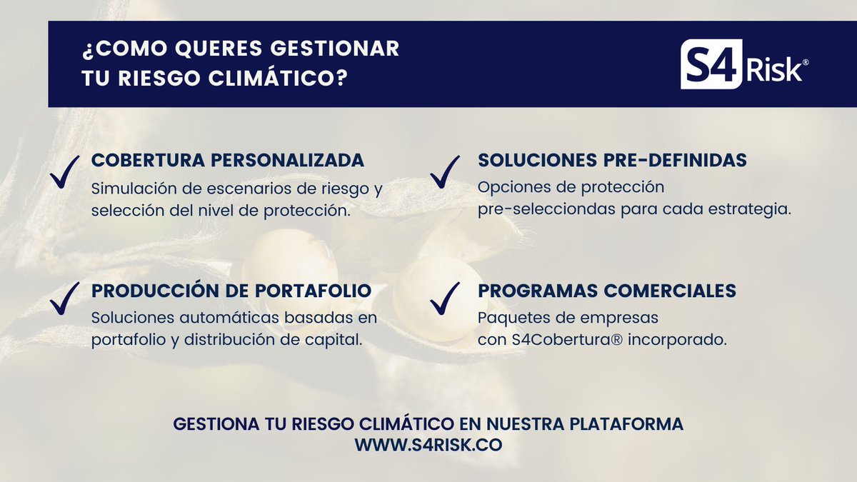 Contratando S4Cobertura® podrás recuperar tu inversión. 

🌱 Sin letra chica, sin peritos y de manera objetiva.

Elegí cómo querés gestionar tu #riesgoclimático en nuestra plataforma.

S4Risk.co

#CampoArgentino #Agtech #Insurtech #Maíz #Soja #Trigo #SeguroAgro