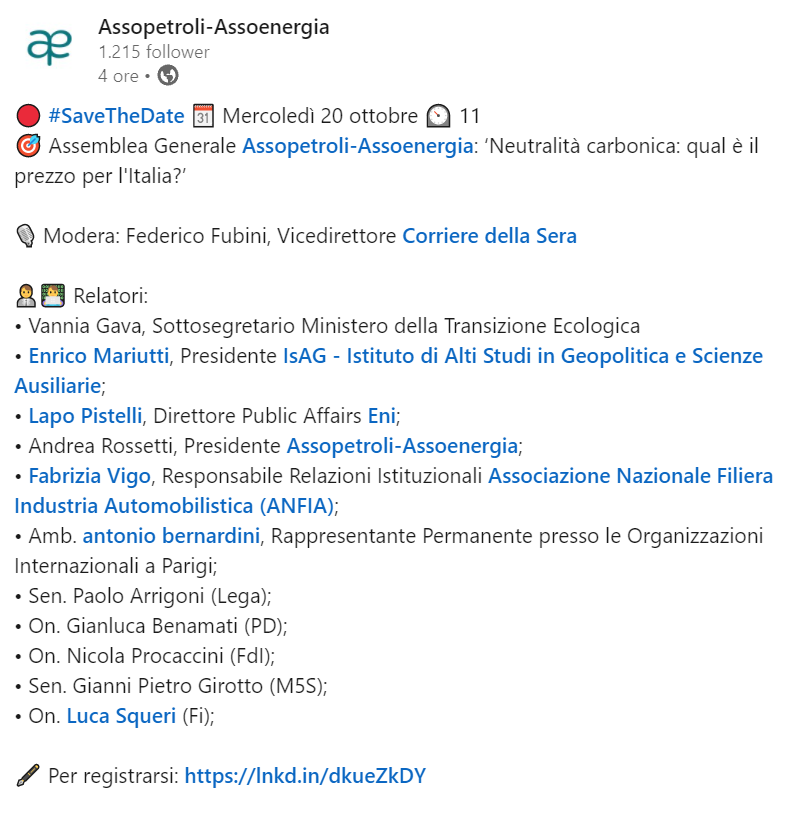 Save the date

Mercoledì 20 ottobre avrò il piacere di discutere l'orizzonte strategico della strategia ambientale europea presso l'Assemblea Generale di <a href="/Assopetroli/">Assopetroli-Assoenergia</a>. Tanti panelist autorevoli, modera <a href="/federicofubini/">Federico Fubini</a>. Potete registrarvi su Linkedin.