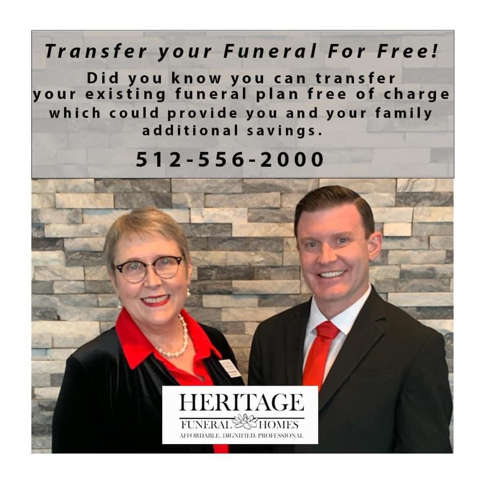 Looking to transfer your funeral plan? Heritage Funeral Home will accept 100% of all existing Pre planned and pre funded funerals which could provide you and your family additional savings. We offer a FREE review to ensure your Pre need plan has you fully protected.