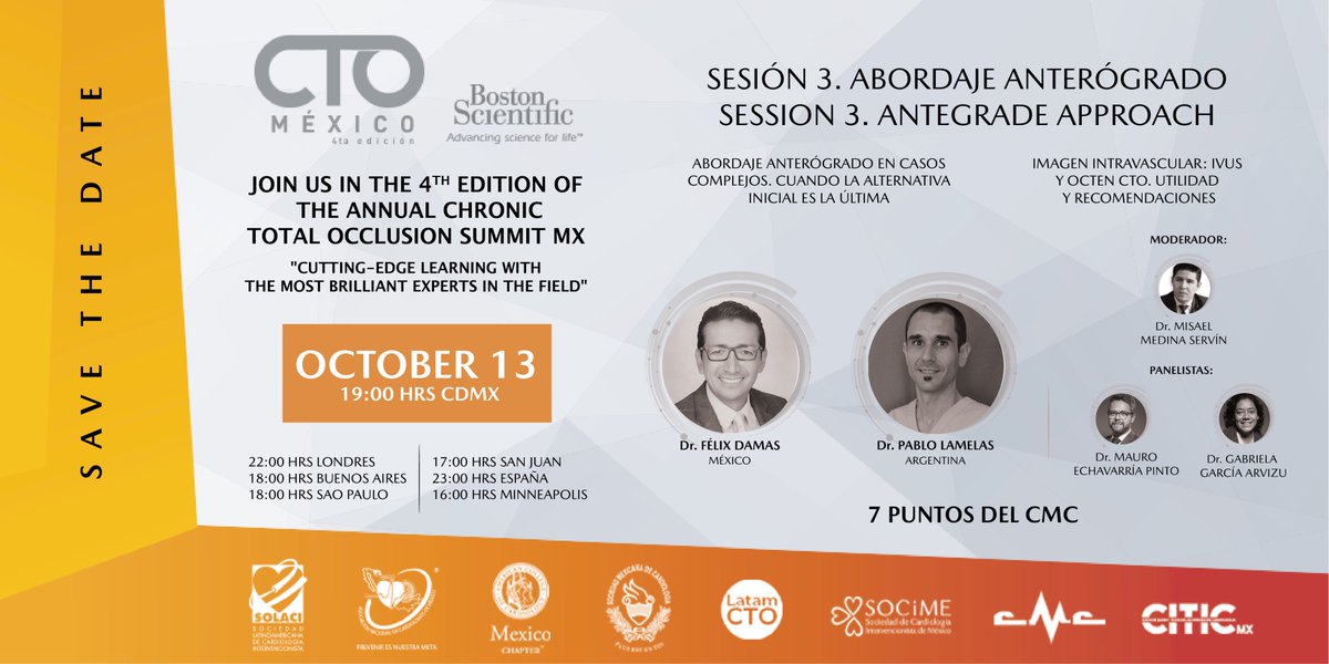 CiticMexico's tweet photo. CTO MEXICO 💛 ¡NO TE PIERDAS LA SESIÓN 3. ABORDAJE ANTERÓGRADO! 

Registrate 👉https://t.co/8tMmd66uUZ

🗓️ SAVE THE DATE 

MIÉRCOLES 13 DE OCTUBRE A LAS 19:00 HRS  (MEX)

#CTO 
@BSCCardiology @bostonsci @smexcardiologia 
 @SOLACI3 https://t.co/zbP1XrMvf8