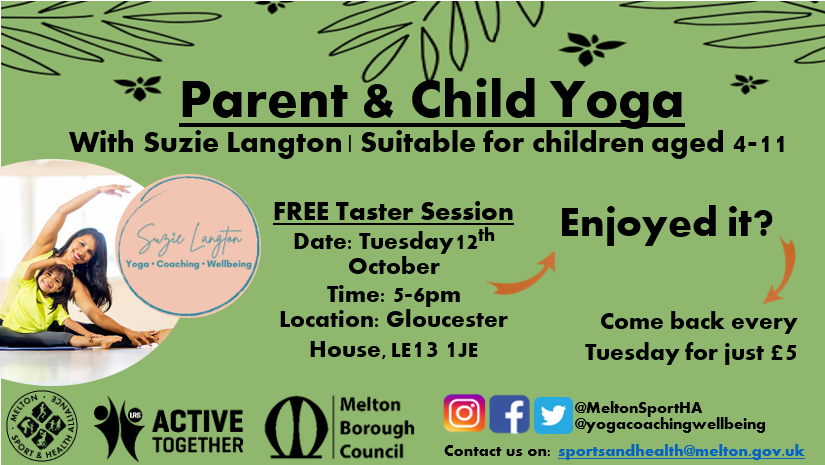 MeltonSportHA's tweet photo. **AVAILABLE SPACES**

We still have some space on the NEW parent-child yoga programme, starting TOMORROW for FREE!

To reserve a place or to find out more please email sportsandhealth@melton.gov.uk https://t.co/BkyXwBXdRi