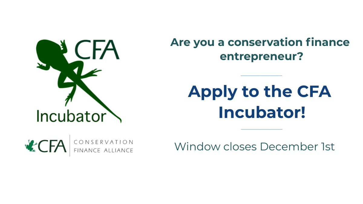 Are you a conservation finance entrepreneur? Apply to the CFA Incubator to receive grant financing and mentorship from the CFA!

Application windows close on December 1st.

Read more here:
bit.ly/3v1nbOq

#conservationfinance #Incubator #biodiversity #Finance