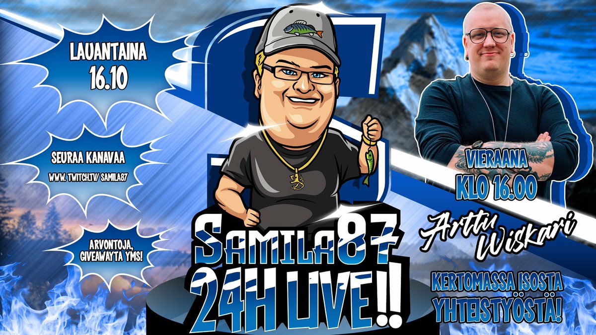Kiekkotk:n Samila <a href="/samilindgren87/">Sami Lindgren</a> tekee lauantaina 24h-juhlalähetyksen. Aloitamme aamulla klo 10 pelaten Kiekkoa. Klo 16 vieraana on aktiivisena jääkiekon seuraajanakin tunnettu laulaja <a href="/ArttuWiskari/">Arttu Wiskari</a> - onkohan hän koskaan pelannut Kiekkotk:ta? twitch.tv/samila87