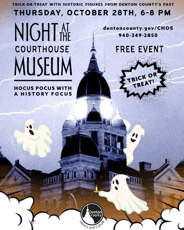 DiscoverDenton's tweet photo. Plan your visit to Denton for the Night at the Courthouse Museum! A little hocus pocus with a history focus!

At this free event, you can Trick-or-Treat with some historical figures from Denton County's past. See you on Thursday, October 28 from 6 to 8! https://t.co/gpPvPNalLG