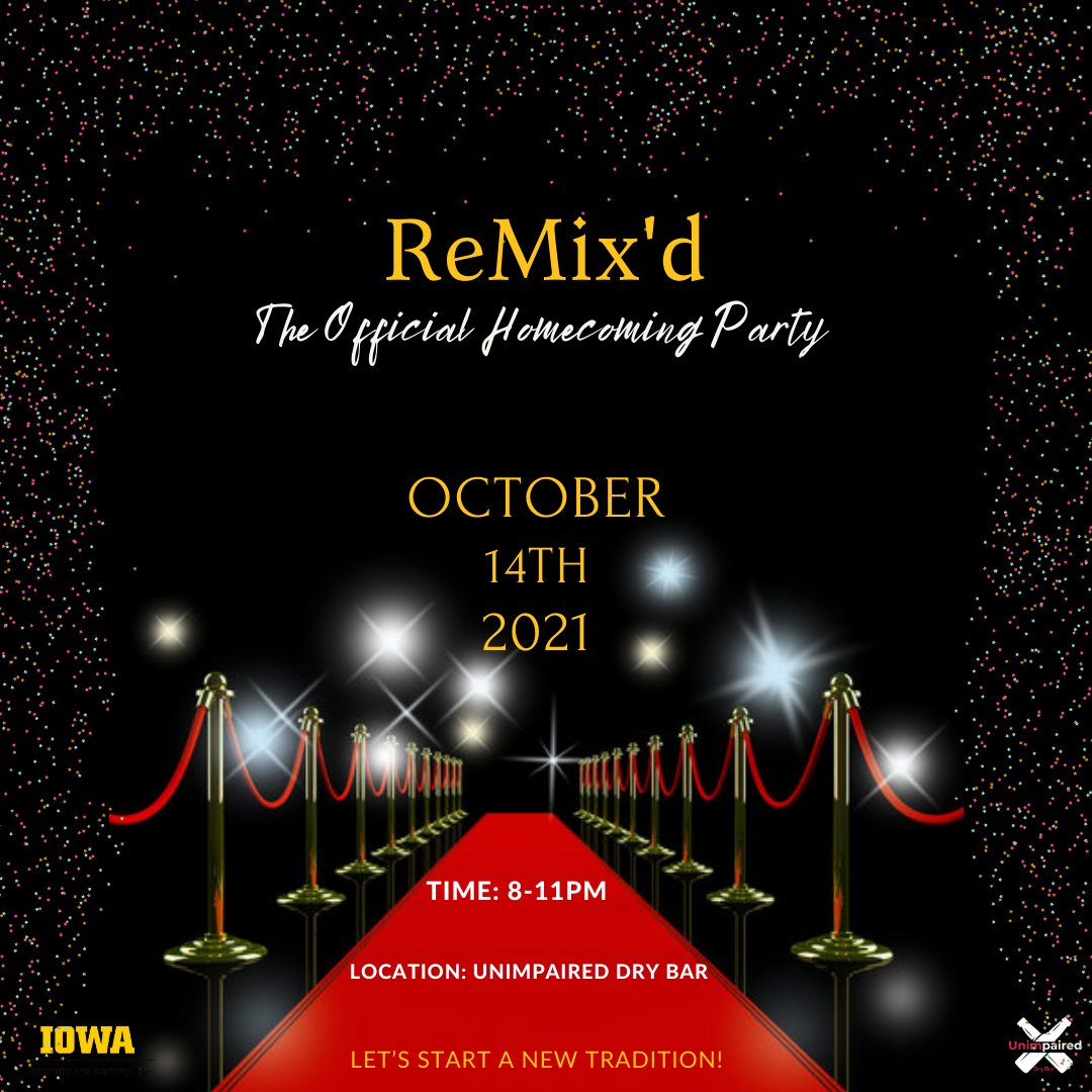 Happy Homecoming week Hawkeyes! Join your FSL friends this Thursday from 8 p.m. to 11 p.m. at Unimpaired Dry Bar for our Official Homecoming After Party! 🥳🎉 We look forward to seeing you there! #UIOWA #GOHWAWKS #UIOWAHOMECOMING