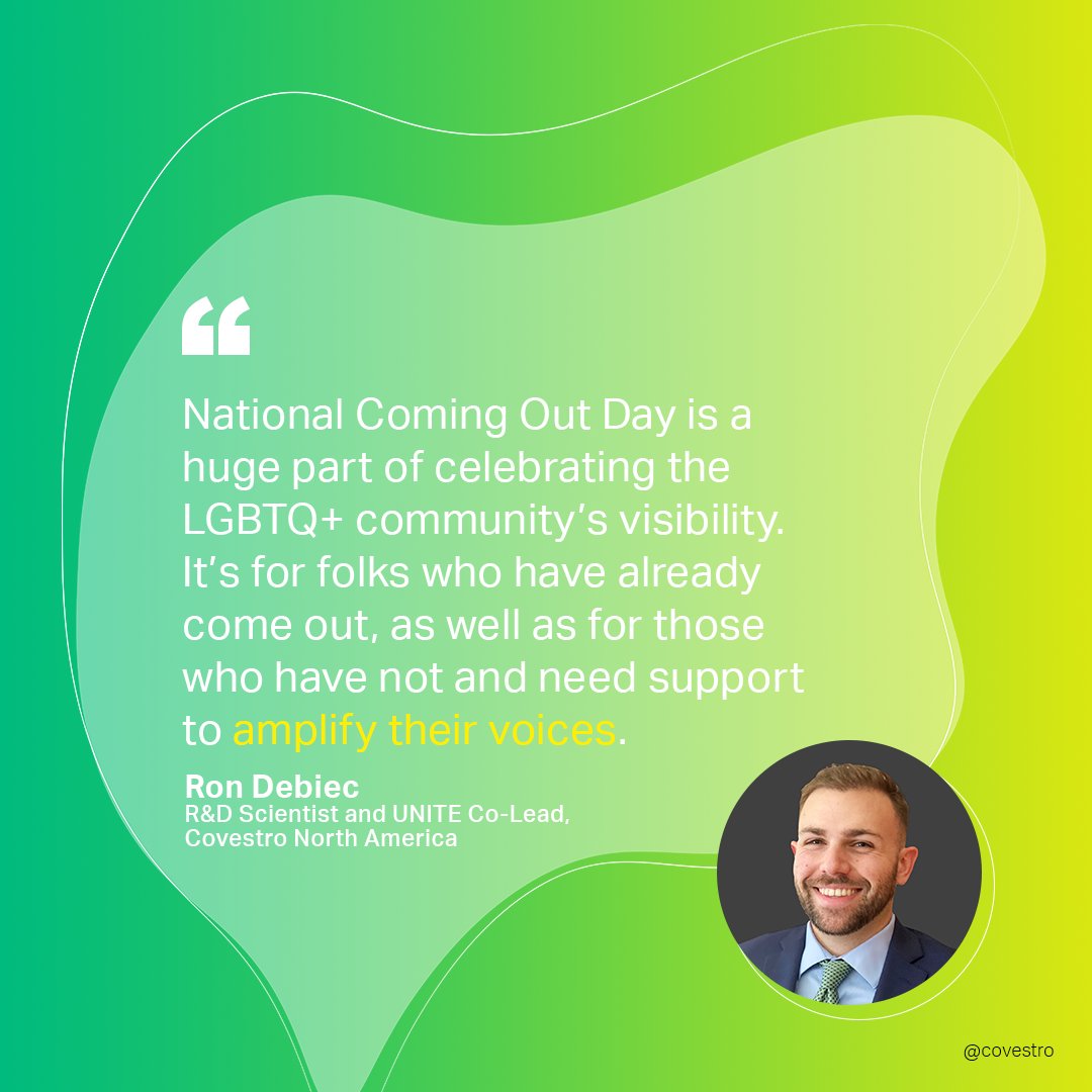 CovestroUS's tweet photo. Happy #NationalComingOutDay! At Covestro, we strive to provide a visible &amp; inclusive environment for LGBTQ+ employees. We acknowledge that coming out is a repeated occurrence – and not always easy or comfortable. We can all be allies, offering support today &amp; every day. #WeAre1 https://t.co/CVzsR4o309