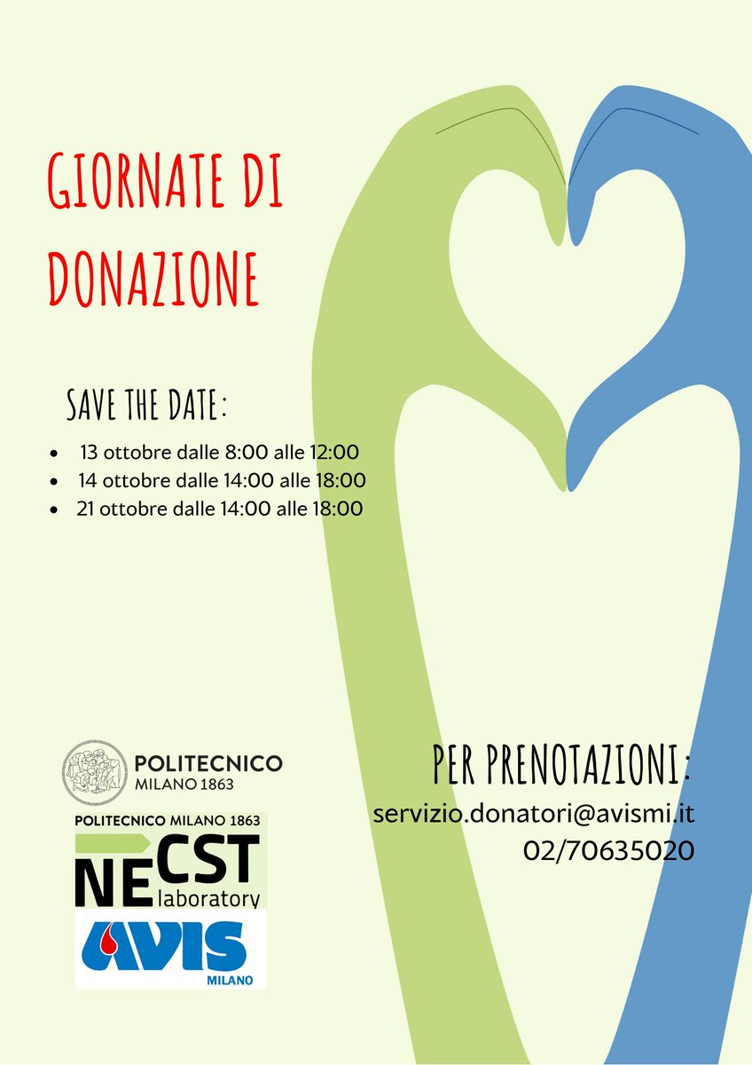 necstlaboratory's tweet image. La nostra collaborazione con @AVIS_Milano nell’ambito del progetto #NECSTCamp prosegue e sarà possibile prendere parte alle donazioni chiamando AVIS al 02/70635020 oppure inviando una mail a servizio.donatori@avismi.it, segnalando di essere del Politecnico di Milano. 
 
#NECSTLab