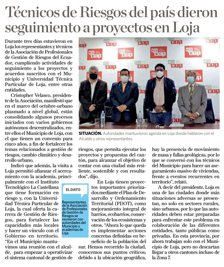 AsoGdR_Ec's tweet photo. Cómo #APGRE nos encontramos presentes en distintas provincias.
Esta vez, en #Loja trabajamos con el @MunicipioDeLoja y la academia en el fortalecimiento de capacidades en materia de #GestiónDeRiesgos.
Compartimos la nota de @LaHoraLoja ⤵️ https://t.co/YxZNWXSGU9