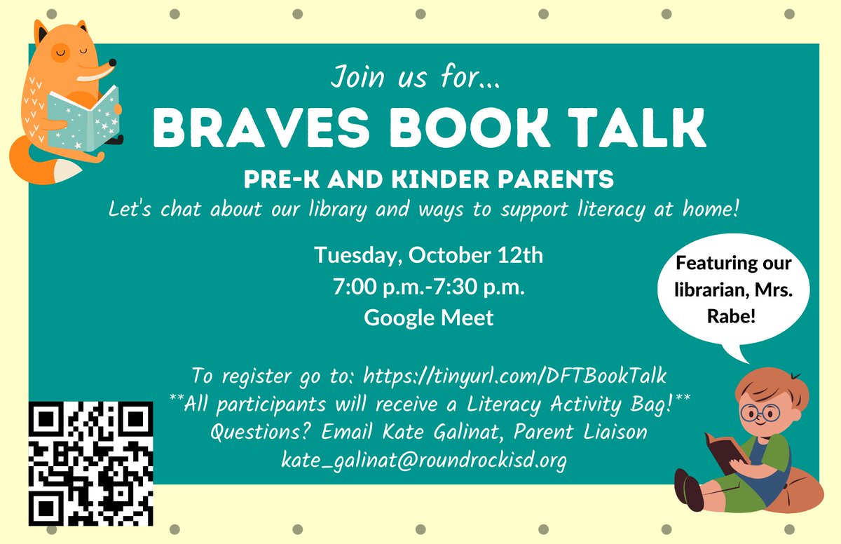 KateRRISD's tweet photo. Join us tomorrow, Pre-K and Kinder families, for a chat with our amazing Librarian, Mrs. Rabe! Discover the benefits the Library offers and ways to support literacy at home! @DFT_Braves @AlifiaBritton @ParentPrograms @LibrariesRRock https://t.co/43TBc2tXGs