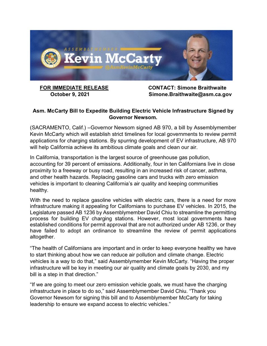 MayorMcCarty's tweet photo. My bill - which will streamline the process of building Electric Vehicle car charging stations has been signed by @CAgovernor. #AB970 will establish strict guidelines for local gov to review permit apps for charging stations - helping us meet air quality & climate goals. https://t.co/KMkn7MHXSL