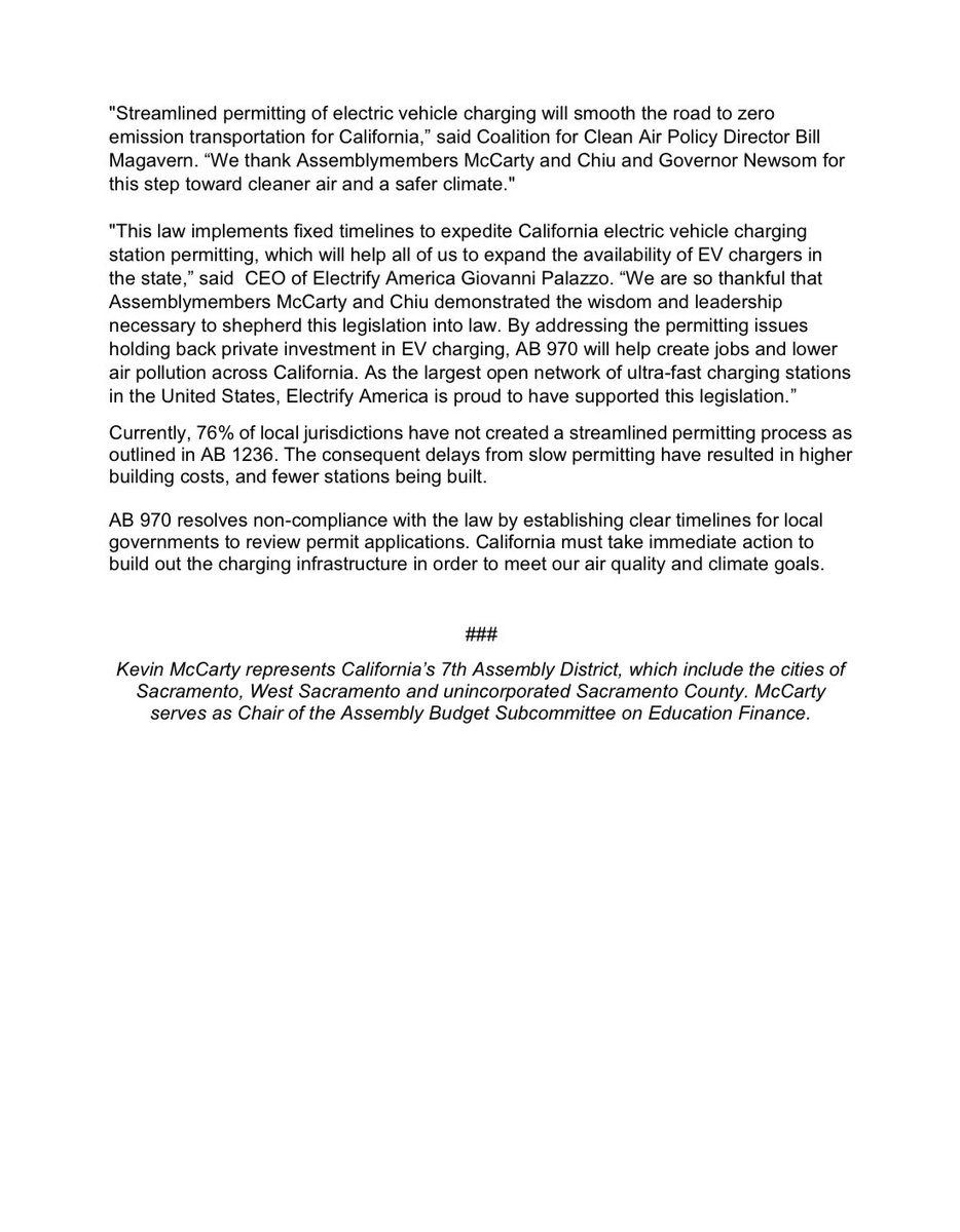 MayorMcCarty's tweet photo. My bill - which will streamline the process of building Electric Vehicle car charging stations has been signed by @CAgovernor. #AB970 will establish strict guidelines for local gov to review permit apps for charging stations - helping us meet air quality & climate goals. https://t.co/KMkn7MHXSL
