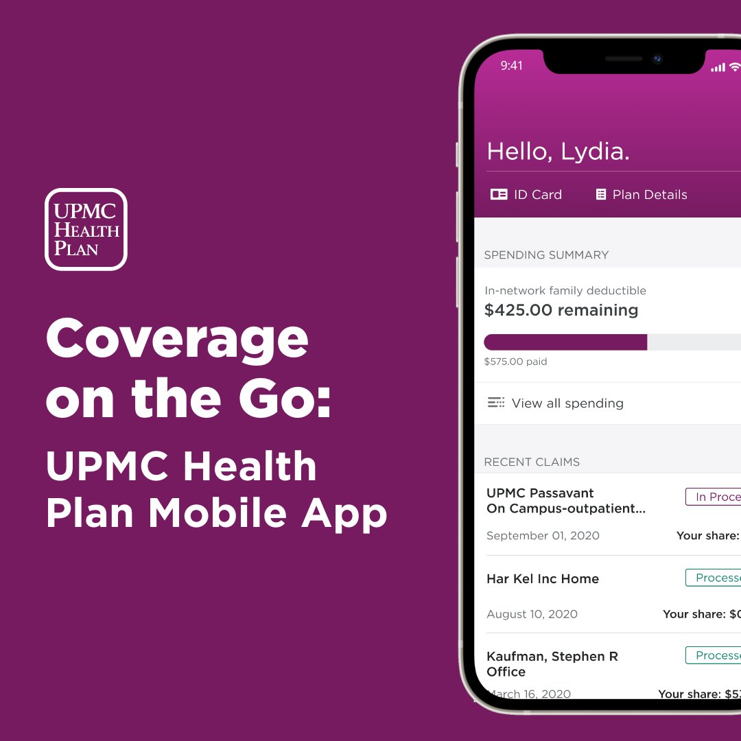 UPMCHealthPlan's tweet photo. The free UPMC Health Plan mobile app puts your health insurance information in one place. And you can access that information on the go—anytime, anywhere. Learn more: https://t.co/uVxma0mb32 #HeresThePlan https://t.co/3vbUasQPIz