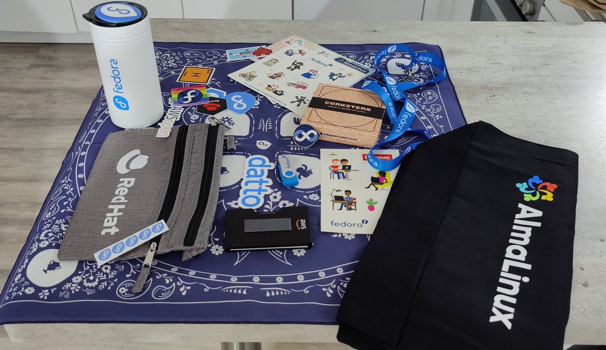 Yay! <a href="/fedora/">Fedora Project (@fedora@fosstodon.org)</a> goodies arrived today, super happy! love them all❤️