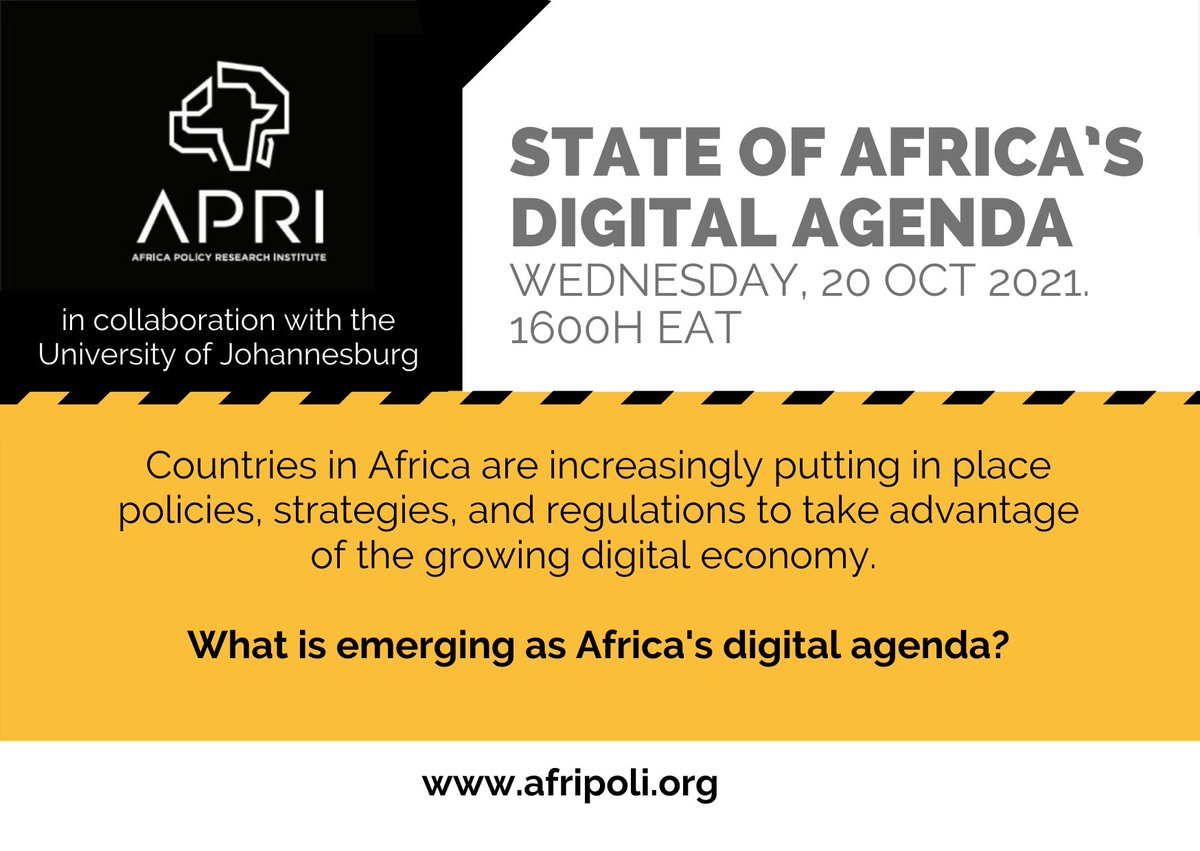Registration is now open! afripoli.org/state-of-afric…

Wednesday 20 October 2021
3pm - 4:30pm (CEST)

Join the conversation to discuss the implementation of Africa's Digital Agenda.

#africasdigitalagenda

<a href="/fatenaggad/">Faten Aggad</a> <a href="/loomnie/">Olumide Abimbola</a> @NdzendzeBhaso