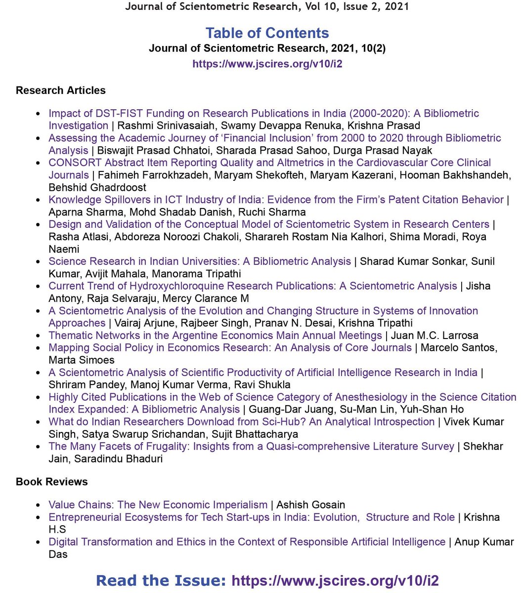 JSCIRES's tweet photo. Journal of #Scientometric Research
10(2) Issue is now online 
[Revised TOC]
#Scientometrics #Bibliometrics #OpenAccess #OpenScience #Innovation #COVID19 #STIP2020 #SciHub #JSciRes 
#OA Download: https://t.co/0zCrSUs63u https://t.co/HbF0f3XtQy
