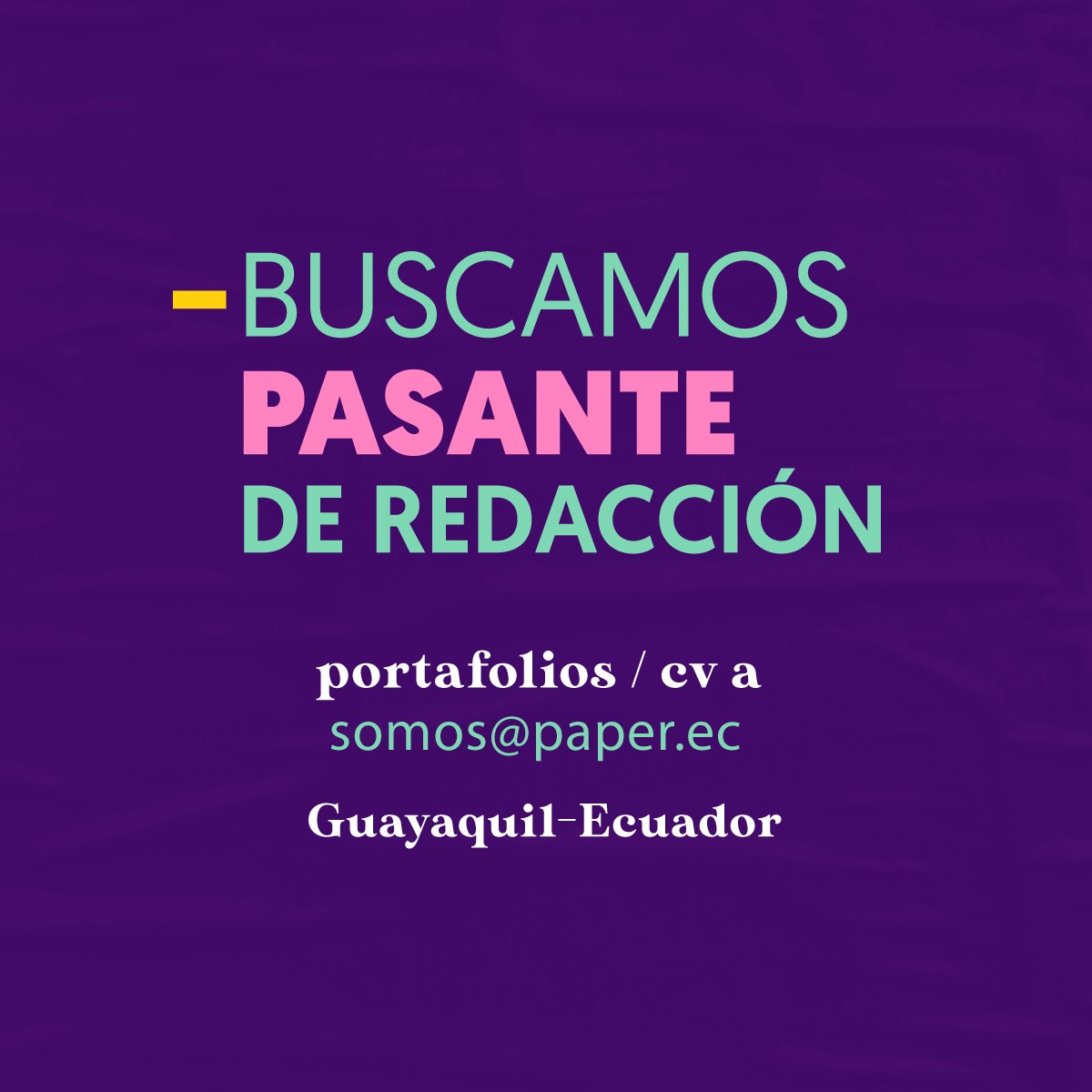 Si te interesa aprender a pensar y divertirte haciéndolo aplica para nuestra vacante de Pasante de Redacción, envíanos tu portafolio/CV a somos@paper.ec 

#ThisIsPaper
