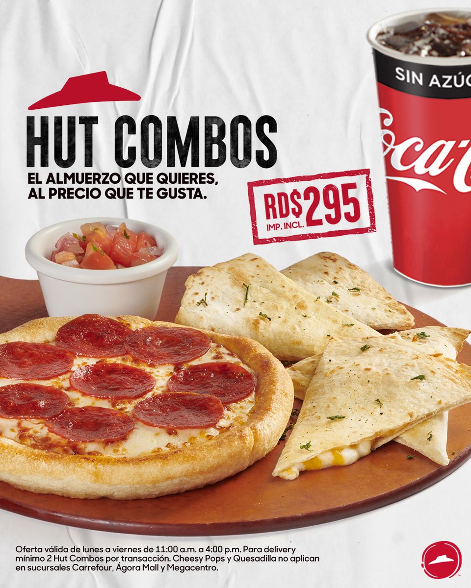 PizzaHutRD's tweet photo. Inicia tu semana con bien pie, disfrutando de nuestros deliciosos #HutCombos.
Disponibles de lunes a viernes de 11:00 AM a 4:00 PM para Dine-In y Carry Out.
También disponibles para Delivery con un mínimo de 2 Hut Combos por transacción llamando al 809.620.2020.
#PizzaHutRD https://t.co/edWkGU99QF