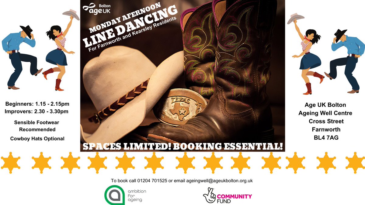 ageukbolton's tweet photo. Tomorrow there is another opportunity to grab your spurs and Stetsons and enjoy a bit of line dancing at our Ageing Well Centre in Farnworth! YEEHAW!!
#LineDanceing #Farnworth #Ageingwell https://t.co/betKVac6QO