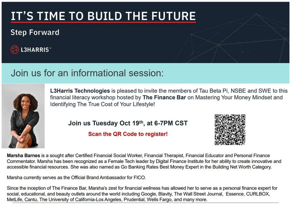PVTauBetaPi's tweet image. Tap in! 🗣 L3Harris will be on the Hill virtually to bring you an informational on personal finance! Please come join us and increase your financial literacy! 💵‼️ Scan the QR code to register. It’s more important now than ever to properly manage your money! 💰