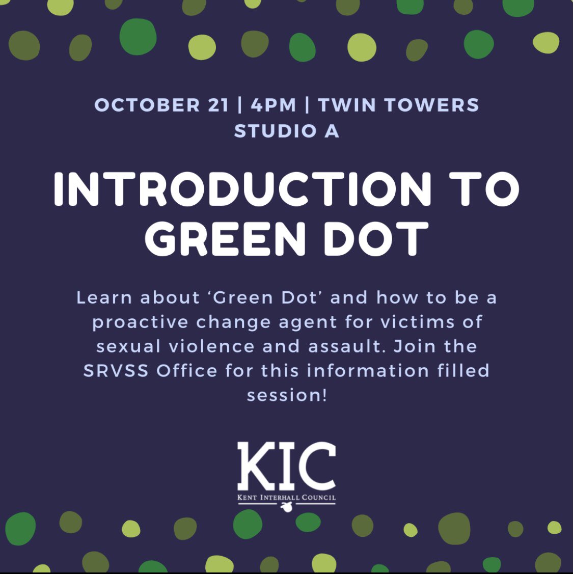 KentInterhall's tweet photo. Learn about Green Dot during Sex Week from the SRVSS Office!
#SexFlags2021 #SexWeek2021 #ksukic2021 #kentinterhall #kentstateuniversity https://t.co/juFMF9ZYev