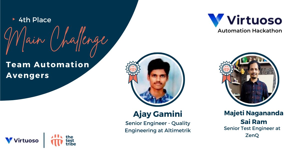 the_test_tribe's tweet photo. Announcing Virtuoso Automation Hackathon's Fourth Place for the Main Challenge! 🎊 🎊 

Congratulations to Team Automation Avengers - Ajay Gamini and Majeti Nagananda Sai Ram! 🤩 

#VirtuosoAutomationHackathon  #QualityFirstHackathon #TheTestTribe https://t.co/6SOC0g3w4i