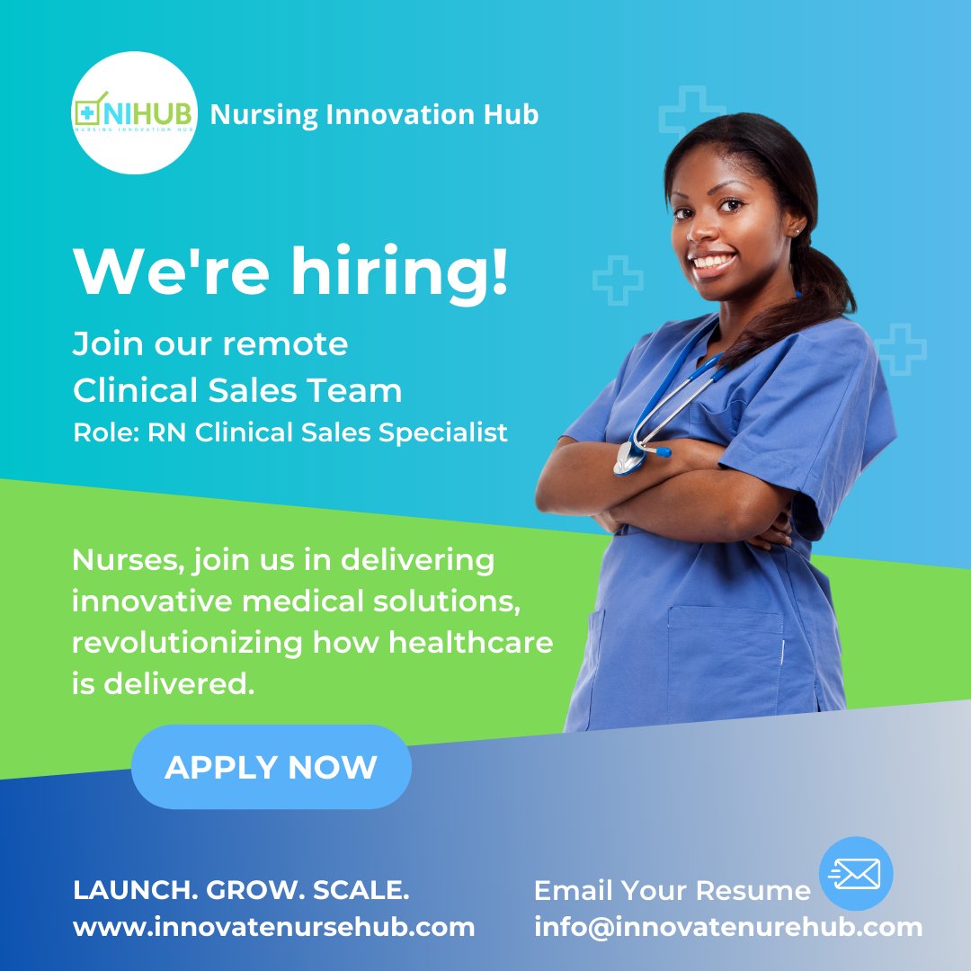 We’re Hiring! 🎉 

Join our #RN Clinical Sales Team and help get innovative #medical #products and #solutions to market, and into the hands of customers.

📧 Send resume to: info@innovatenursehub.com