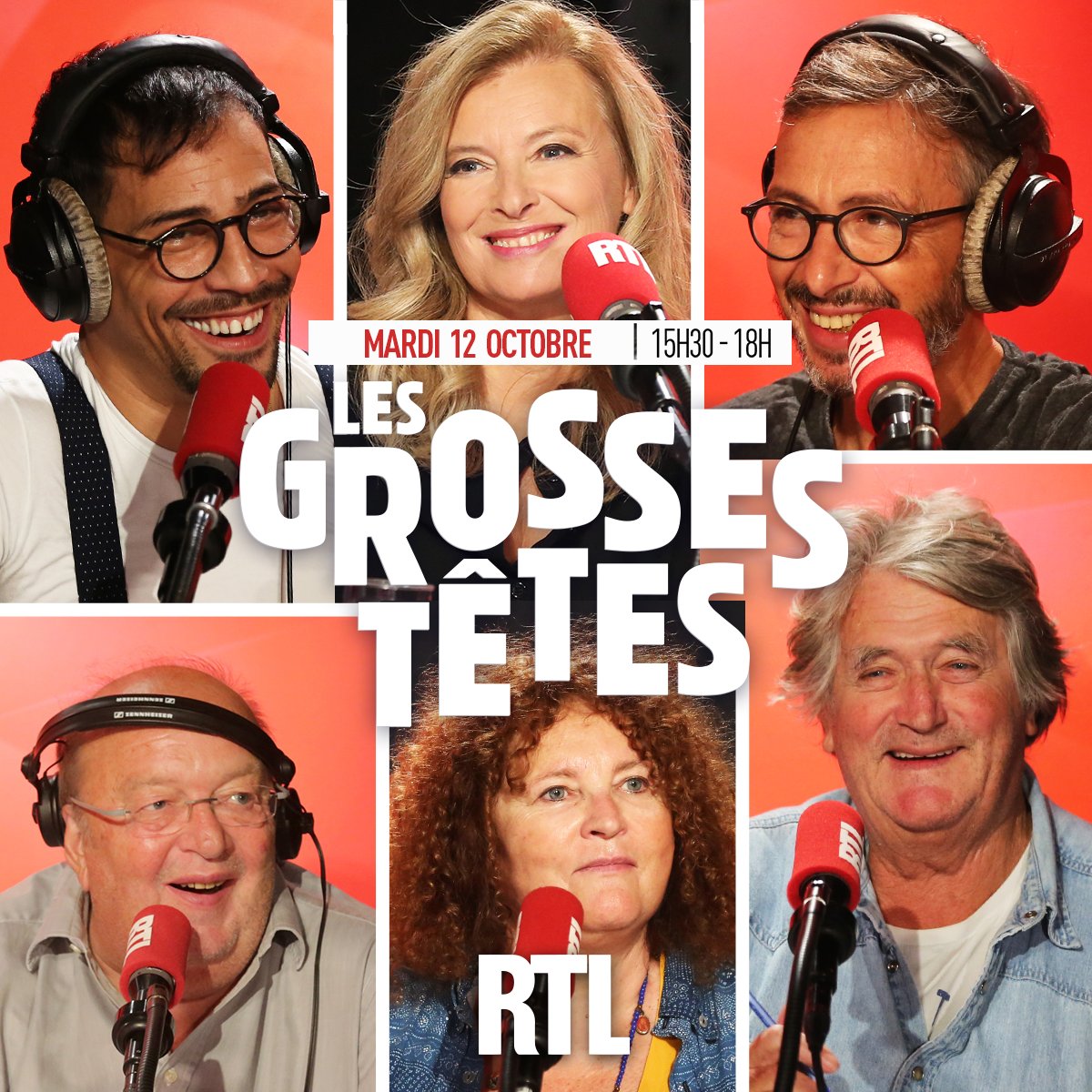 Les Grosses Têtes (@grossestetesrtl) on Twitter photo 🖋⛵🎭🤓⚽🍔Bonjour à tous ! Découvrez #LesGrossesTêtes du mardi #12octobre. Autour de <a href="/ruquierofficiel/">Laurent Ruquier</a> aujourd’hui : <a href="/valtrier/">Valerie Trierweiler</a> , <a href="/steevy_boulay/">Steevy Boulay</a> , #ValérieMairesse, <a href="/flogazan/">Florian Gazan</a> , #OlivierdeKersauson, <a href="/BernardMabille/">Bernard Mabille</a>. ✅Rendez-vous à 15h30 sur <a href="/RTLFrance/">RTL France</a>. ⏰ 🖋⛵🎭🤓⚽🍔Bonjour à tous ! Découvrez #LesGrossesTêtes du mardi #12octobre. Autour de <a href="/ruquierofficiel/">Laurent Ruquier</a> aujourd’hui : <a href="/valtrier/">Valerie Trierweiler</a> , <a href="/steevy_boulay/">Steevy Boulay</a> , #ValérieMairesse, <a href="/flogazan/">Florian Gazan</a> , #OlivierdeKersauson, <a href="/BernardMabille/">Bernard Mabille</a>. ✅Rendez-vous à 15h30 sur <a href="/RTLFrance/">RTL France</a>. ⏰