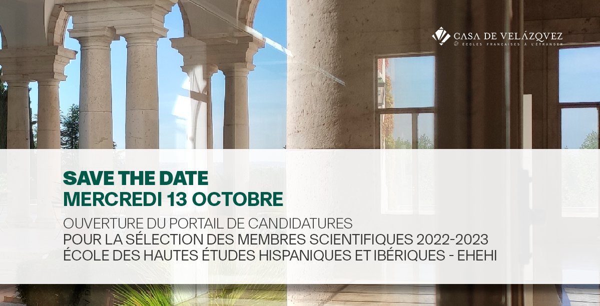 casadevelazquez's tweet photo. ⌛️#SaveTheDate 📣Ce mercredi 13 octobre, ouverture du portail de candidatures pour la sélection des membres scientifiques de l'EHEHI 2022-2023 !
#12mois #17postes #Doctorants #Postdoctorants #SHS https://t.co/ce9HKTUMdf