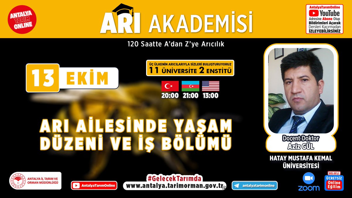#ArıAkademisi-2

#ABD #Azerbaycan #Türkiye'den Hocalarla #Arıcılık-2

Hatay <a href="/mkuniv/">Hatay Mustafa Kemal Üniversitesi</a>'dan
Doç.Dr.Aziz Gül ile

🔹Arı Ailesinde Yaşam Düzeni ve İşbölümü

#GelecekTarımda
#TarımAntalyada

📌13 Ekim Çarşamba
🕙20:00

<a href="/gokhankaraca_/">Gökhan Karaca</a> <a href="/ersinyazici1/">Ersin YAZICI</a> <a href="/aysinisikgece/">Ayşe Ayşin Işıkgece</a> <a href="/bekirpakdemirli/">Dr. Bekir Pakdemirli</a>
