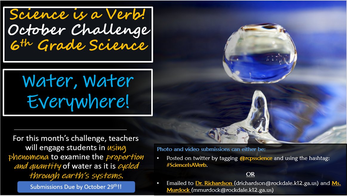 RCPSScience's tweet photo. 🗣Attention MS ScienceTeachers: Our #ScienceIsAVerb Teacher of the Month Challenge is LIVE for October! See flyers for info on how to make your grade level submissions by October 29th! Sept. Winners will be announced soon! #WorldClassScience @RockdaleSchools @OattsTerry @RCPSCAO https://t.co/FPgjrrS0f4