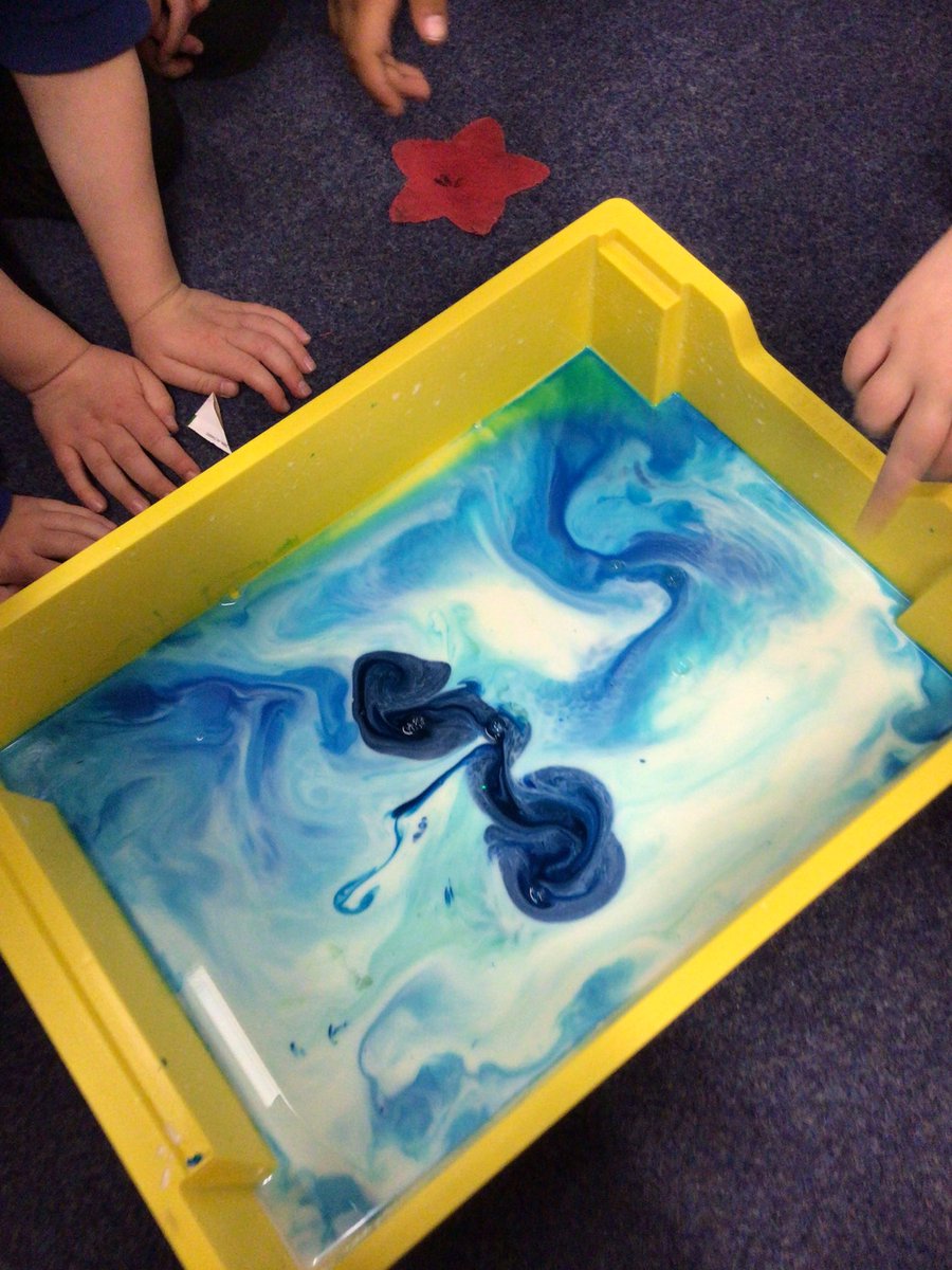 Hadrian_Park's tweet photo. Reception investigation club conducted another experiment today. We put food colouring in milk and then added soap. It made some lovely patterns, we decided it looked like the ocean. #HPPSEYFS #HPPSScience https://t.co/StlyQhqCSm