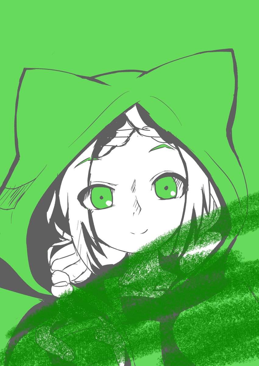 1girl solo green theme smile green eyes looking at viewer green background  illustration images