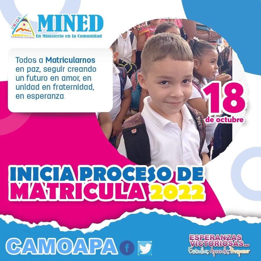 Ministerio de Educación del municipio de Camoapa Realizará proceso de Matrícula en todas las modalidades educativas a partir del 18 de octubre, se les invita a todos los padres, madres y tutores a matricular a sus hijos e hijas.