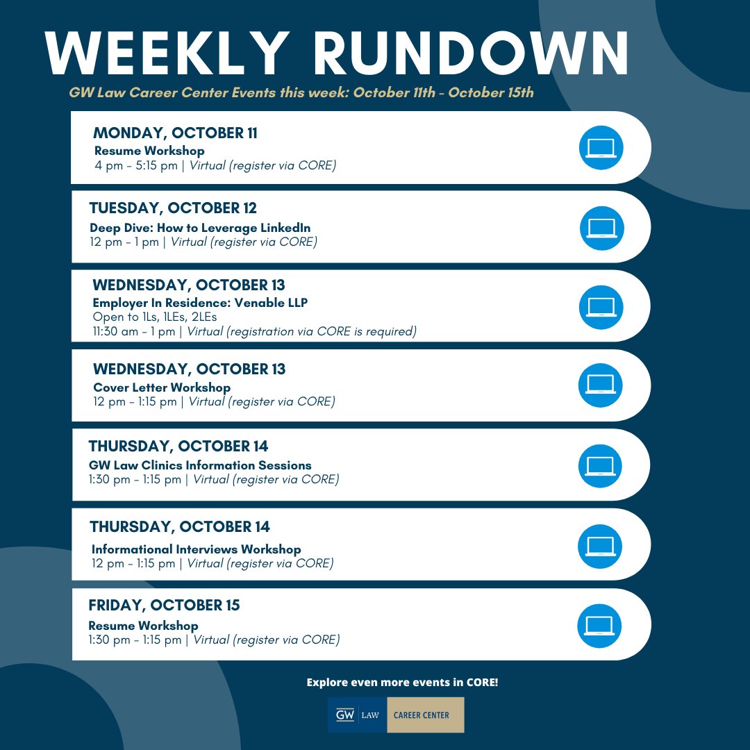 Starting out the week with our Weekly Rundown of events and programs!

Have a great Monday, GW Law!