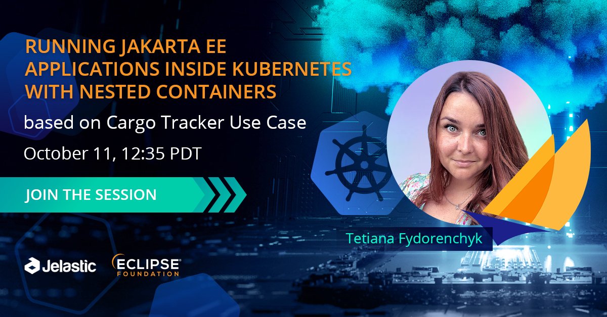 Jelastic's tweet photo. Join us at #CN4EF Day to find out how to run your @JakartaEE projects in @kubernetesio cluster with nested container architecture. @tetiana_ftv will demonstrate peculiarities of #CargoTracker deployment to #Kubernetes https://t.co/waTFnMc1m8
@ECDTools @jee_ambassadors @EclipseFdn https://t.co/euY7DlO1lx