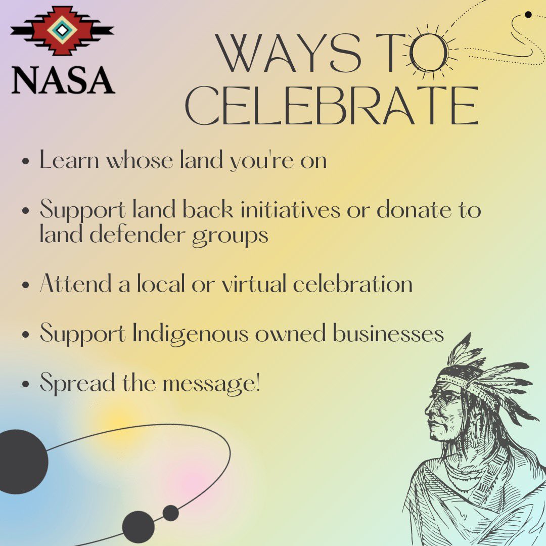 uscnasa's tweet photo. Happy Indigenous People’s Day! ✨
Today we’re honoring our resilience and excellence! Check out our list of ways to celebrate 😊✌️ https://t.co/izNRmOj8Qj