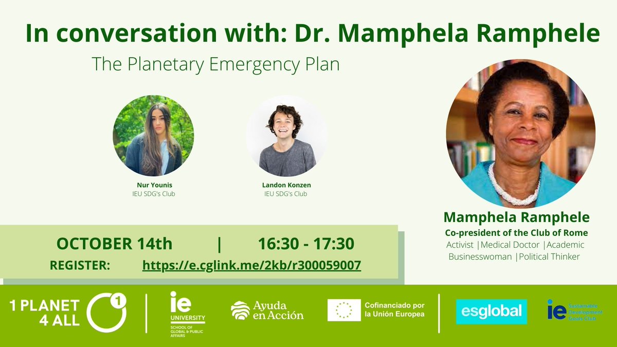 ayudaenaccion's tweet photo. 📅¡Apunta esta fecha! 👉 El 14 de octubre, como parte del proyecto #1Planet4All, alumnado del  @ieGPAffairs entrevistará a @MamphelaR, política y activista sudafricana.

Súmate a esta conversación donde hablarán sobre juventud y crisis climática.

🔗 https://t.co/rJ04fAGr67 https://t.co/QmosuUPeL4