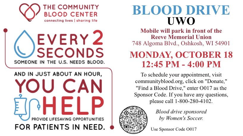 UWOWSoccer's tweet photo. Hello Titan friends! Our program is helping host a blood drive @reeveunion and we need your support! We are looking for volunteers to help donate to The Community Blood Center. If interested, find one of our women’s soccer athletes for details! #InTheTeam #InTheCommunity https://t.co/HKorHxTB7C