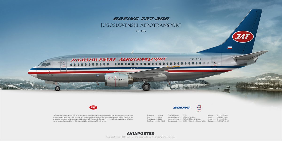 Boeing 737-300 JAT Jugoslovenski Aerotransport Poster for Aviators