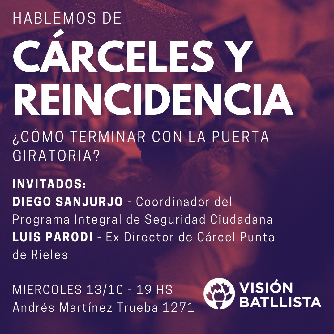 ViBatllista116's tweet photo. Queremos invitarlos a conversar sobre cárceles y rehabilitación, un tema pendiente y clave para el futuro del Uruguay. Participan @dsanjurjogarcia  y Luis Parodi. Cupos limitados, inscribite aquí https://t.co/lpeDwkINww https://t.co/MbEnbeDs9U