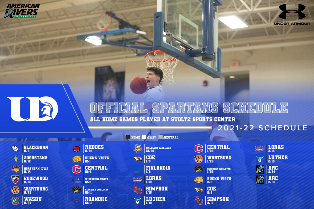UDHoops's tweet photo. Coming soon Spartan fans! Take a peak at our upcoming schedule for the 2021-22 season. Looking forward to seeing fans in the stands! 

#d3hoops #rollriversMBB #FlySparty https://t.co/e2YzjiIvky