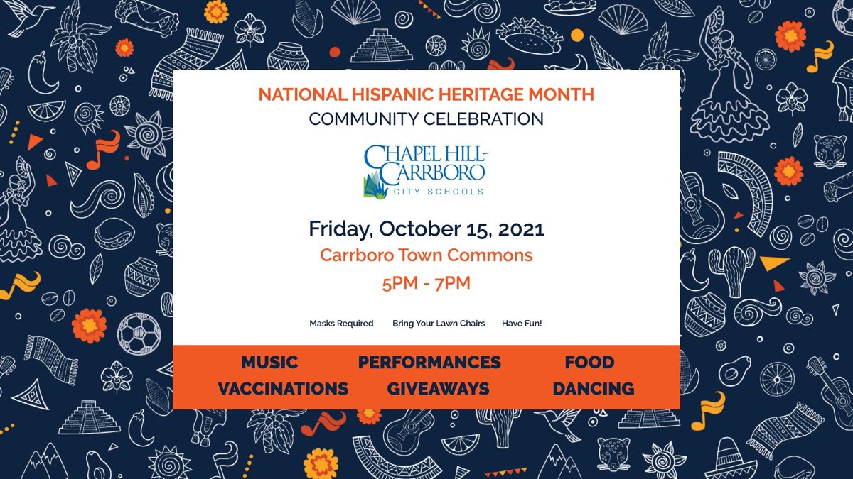 Come celebrate #hispaniclatinxheritagemonth with <a href="/chccs/">Chapel Hill-Carrboro City Schools</a> <a href="/CHCCSEquity/">CHCCS Equity and Engagement Office</a> this Friday 10/15 5-7pm in Carrboro Town Commons! Music, dancing, food, prizes!